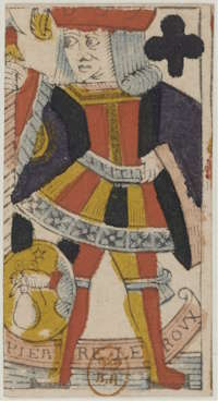 Der älteste Vorgänger des Jokers: Kreuz-Bube, ca. 1656–1664. Autor: Pierre Leroux. Derzeit in der Bibliothèque nationale de France. Wikimedia Commons, lizenzfrei.