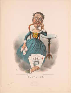 Eine Karikatur mit dem Titel „Euchered“, 1884. Die Karte im Vordergrund zeigt einen Baby-Springteufel mit der Bildunterschrift „The Little Joker“ („Der kleine Joker“). Autor: F.C., Popular Graphic Arts. Derzeit in der Library of Congress. Wikimedia Commons, lizenzfrei.