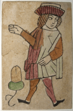 Der Unter der Eicheln aus einem Kartendeck mit deutschen Farben, ca. 1540–1560; derzeit im Württembergischen Landesmuseum, Stuttgart. Creative Commons Attribution-NonCommercial-ShareAlike 4.0 International (CC BY-NC-SA 4.0) Lizenz. © Deutsches Spielkartenmuseum, Leinfelden-Echterdingen.