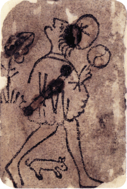 Knave (Bube) der Münzen aus einem katalanischen „maurischen“ Kartendeck, 1400–1420; derzeit im Museo Fournier de Naipes de Álava (Museum Fournier für Spielkarten von Álava, Spanien). Wikimedia Commons, lizenzfrei.